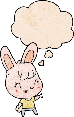 Bir insan tarafından çizilmiş grunge desenli düşünce baloncuklu çizgi film tavşanı.