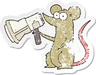 Bir insan tarafından çizilmiş megafonlu karikatür faresinin gerilemiş retro yapıştırması.