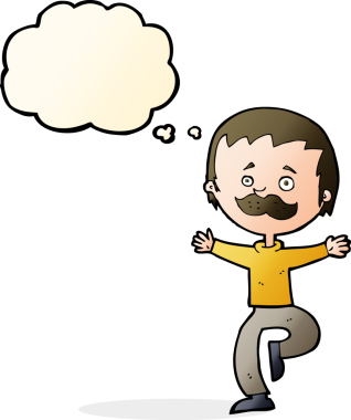 Bir insan tarafından çizilmiş düşünce baloncuklu bıyıklı çizgi film dansçısı.