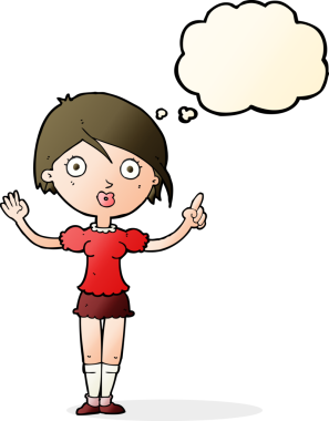 Bir insan tarafından çizilmiş düşünce baloncuğuyla soru soran çizgi film kızı.