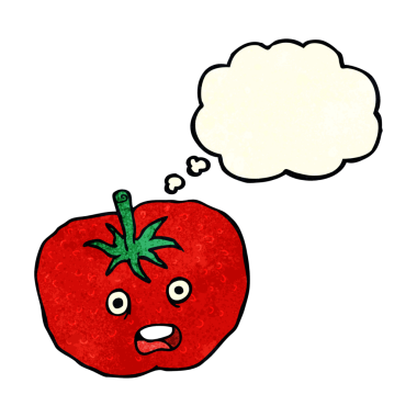 Bir insan tarafından çizilmiş düşünce baloncuklu domates.