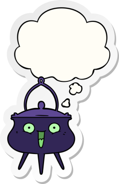 Cadılar Bayramı cadılar bayramı kazanı karikatürü. Düşünce baloncuğu insan tarafından çizilmiş bir çıkartma.