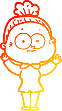 Bir insan tarafından çizilmiş mutlu, yaşlı bir kadının sıcak çizgi çizimi.