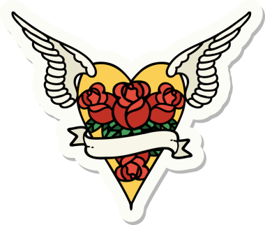 Geleneksel bir dövme stili. Uçan kalp. Çiçekler ve bir insan tarafından çizilmiş bayrak.