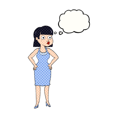 Bir insan tarafından çizilmiş kalçaları olan serbest çizimli düşünce balonu karikatürü kadın.