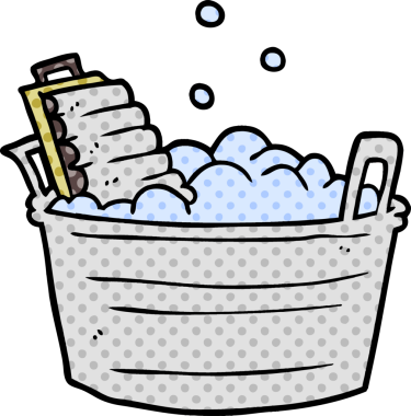 Bir insan tarafından çizilmiş eski bir çamaşır yıkama tahtası ve kova.