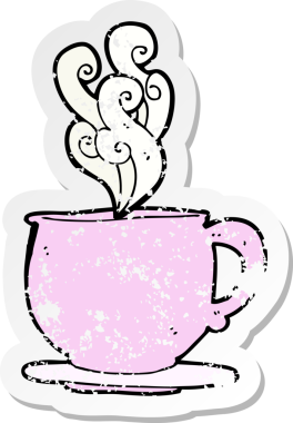 Bir insan tarafından çizilmiş şeker küplü bir çay fincanının retro sıkıntılı yapıştırması.