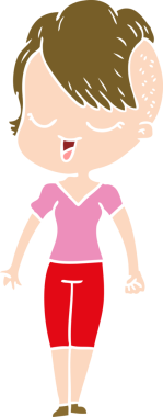 Bir insan tarafından çizilmiş mutlu düz renkli çizgi film kızı.