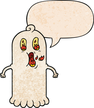 Bir insan tarafından çizilmiş geçmişe dönük konuşma baloncuğu ile yanan gözleri olan çizgi film hayaleti.