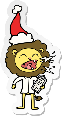 Bir insan tarafından çizilmiş Noel Baba şapkası giyen kükreyen bir aslan doktorun el yazısı.