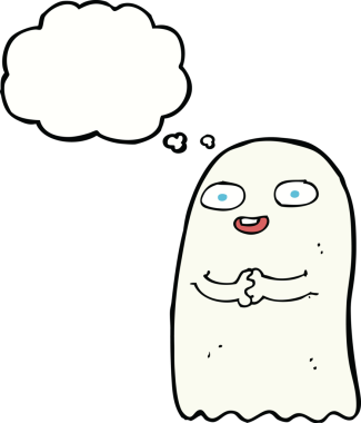 Bir insan tarafından çizilmiş düşünce baloncuklu komik çizgi film hayaleti.