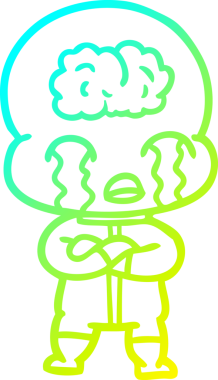 Bir çizgi filmin soğuk gradyan çizimi. Bir insan tarafından çizilmiş ağlayan büyük beyin uzaylısı.