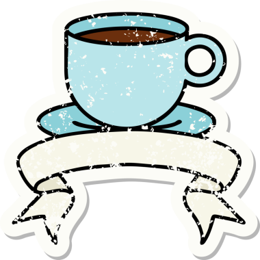 Bir insan tarafından çizilmiş bir fincan kahvenin pankartıyla eski bir etiket.