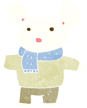 Bir insan tarafından çizilmiş giysili çizgi roman faresi.