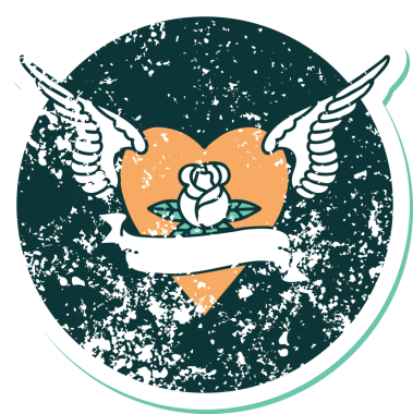 İkonik ıstıraplı dövme stili kanatlı kalp resmi bir insan tarafından çizilmiş bir gül ve bayrak.