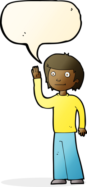 Bir insan tarafından çizilmiş konuşma baloncuğuyla el sallayan çizgi film dostu çocuk.