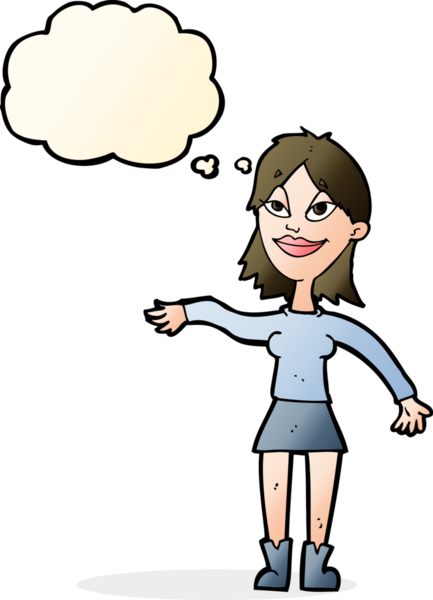 Bir insan tarafından çizilmiş düşünce baloncuğuyla el hareketi yapan çizgi film kadını.