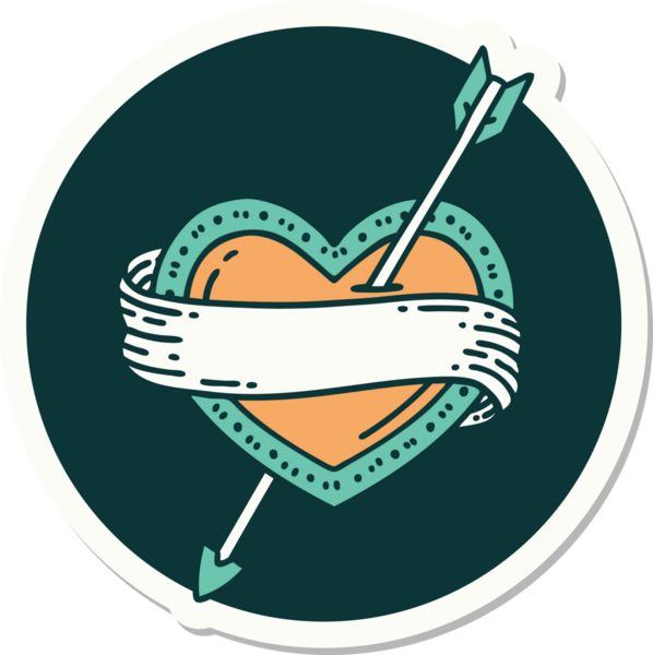 Bir insan tarafından çizilmiş ok kalp ve pankartın geleneksel stiliyle dövme çıkartması.