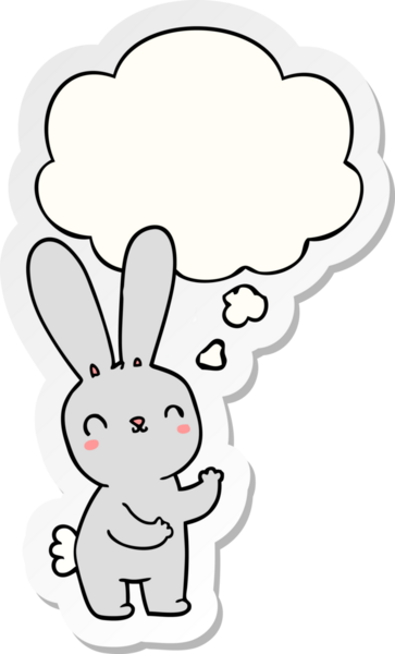 Bir insan tarafından çizilmiş bir çıkartma gibi düşünce balonlu şirin çizgi film tavşanı.