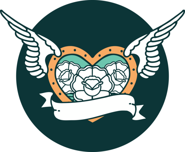 Bir insan tarafından çizilmiş çiçek ve bayrak ile uçan bir kalbin ikonik dövme görüntüsü