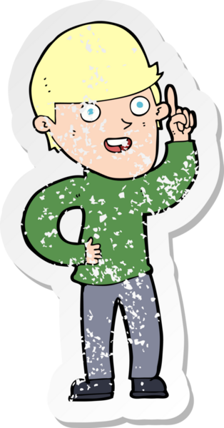 İnsan tarafından çizilmiş bir fikri olan karikatürist bir çocuğun gerilimli retro yapıştırması.