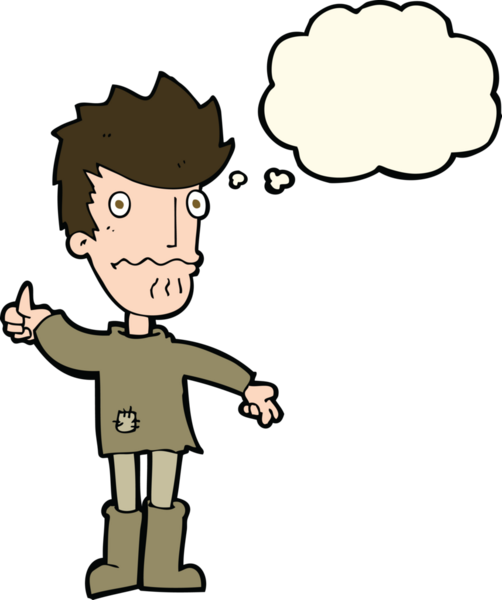 İnsan tarafından çizilmiş düşünce baloncuğu ile baş parmak işareti veren endişeli bir adam çizgi filmi.