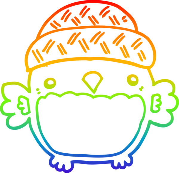 Gökkuşağı gradyan çizgisi bir insan tarafından çizilmiş şapkalı sevimli bir baykuş çizimi