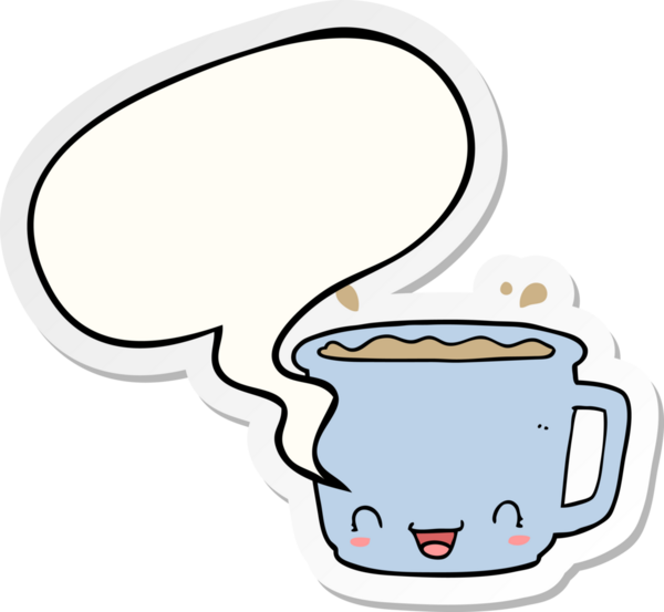 Bir insan tarafından çizilmiş konuşma kabarcığı çıkartmalı bir fincan kahve.