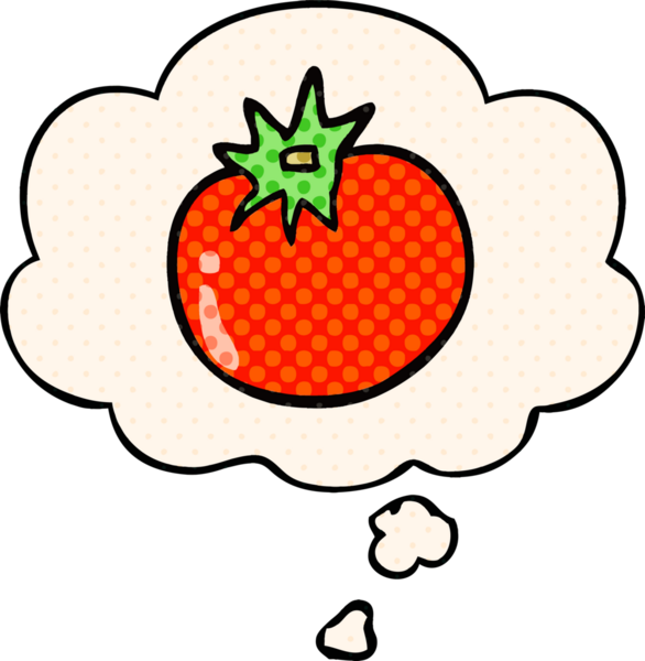 Bir insan tarafından çizilmiş, düşünce baloncuklu çizgi film domatesi.