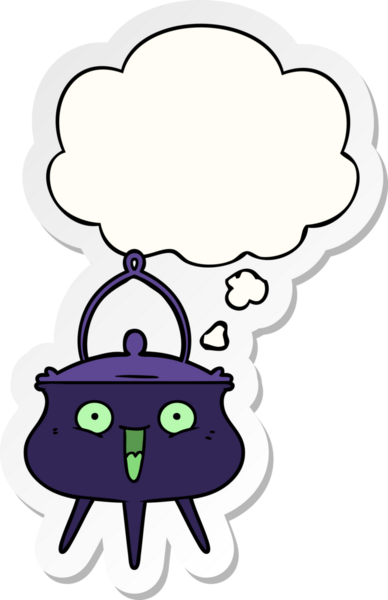 Cadılar Bayramı cadılar bayramı kazanı karikatürü. Düşünce baloncuğu insan tarafından çizilmiş bir çıkartma.