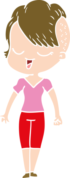 Bir insan tarafından çizilmiş mutlu düz renkli çizgi film kızı.