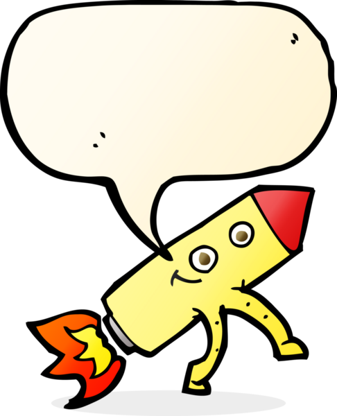 Bir insan tarafından çizilmiş düşünce baloncuklu mutlu roket.