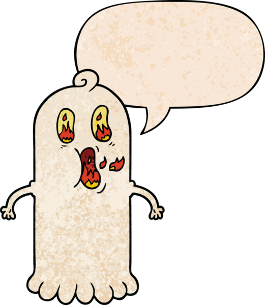 Bir insan tarafından çizilmiş geçmişe dönük konuşma baloncuğu ile yanan gözleri olan çizgi film hayaleti.