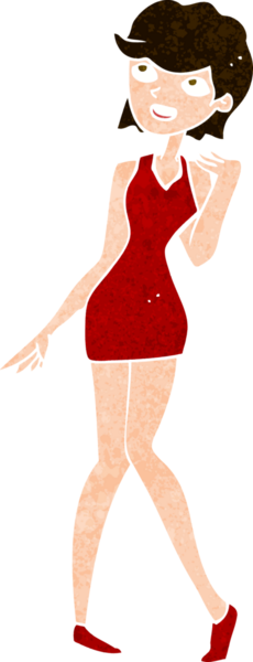 Bir insan tarafından çizilmiş kokteyl elbiseli bir kadın.