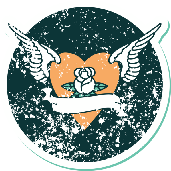 İkonik ıstıraplı dövme stili kanatlı kalp resmi bir insan tarafından çizilmiş bir gül ve bayrak.