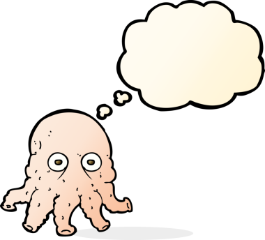 Bir insan tarafından çizilmiş düşünce baloncuklu uzaylı mürekkep balığı yüzü.