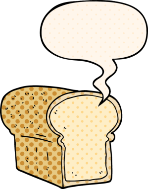 Bir insan tarafından çizilmiş, çizgi roman tarzında konuşma balonlu bir ekmek.