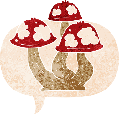 grunge 'da konuşma baloncuğu olan karikatür mantarları bir insan tarafından çizilmiş rahatsız edilmiş retro dokuma tarzı.