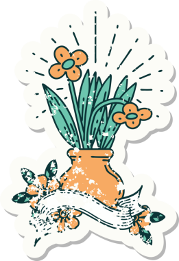 Bir insan tarafından çizilmiş vazoya dövme stili bir çiçek etiketi takılmış.