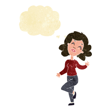 Bir insan tarafından çizilmiş düşünce baloncuğuyla dans eden mutlu kadın çizgi filmi.