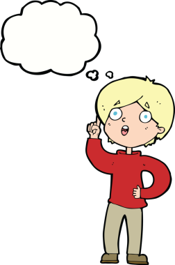 Bir insan tarafından çizilmiş düşünce baloncuğu fikri olan çizgi film çocuğu.