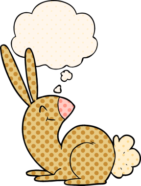 Bir insan tarafından çizilmiş çizgi roman tarzı düşünce baloncuğu olan sevimli çizgi film tavşanı.
