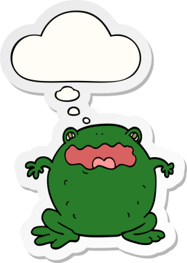 Düşünce baloncuklu çizgi film karakurbağası insan tarafından çizilmiş bir çıkartma.