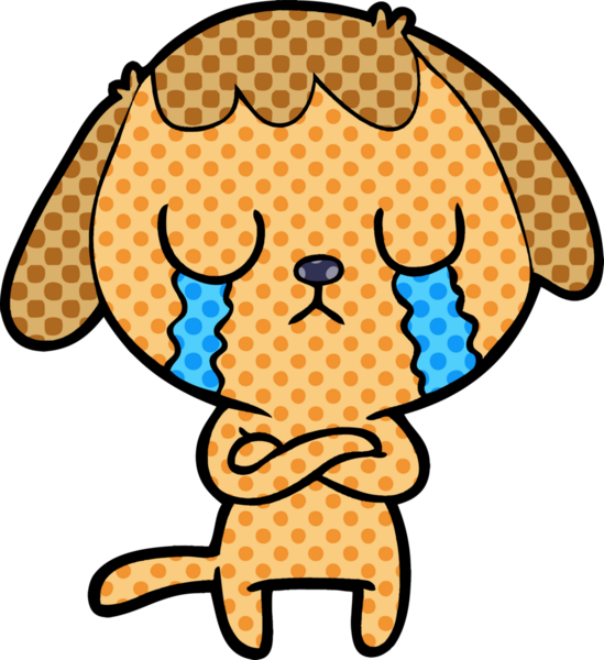 Bir insan tarafından çizilmiş şirin bir çizgi film köpeği ağlıyor.