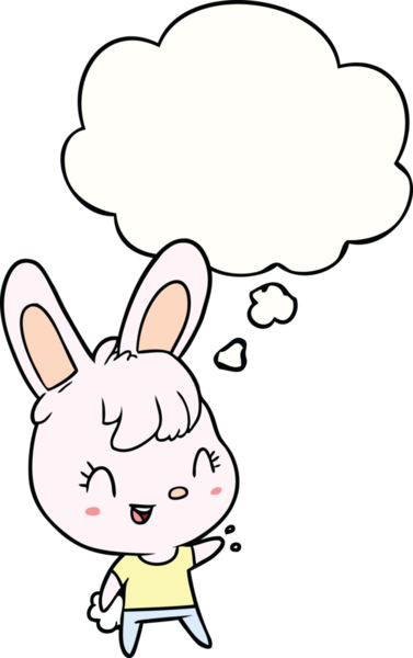 Bir insan tarafından çizilmiş düşünce kabarcığı olan çizgi film tavşanı.