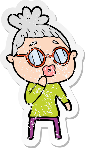 Bir insan tarafından çizilmiş gözlük takan karikatürlü bir kadının sıkıntılı çıkartması.