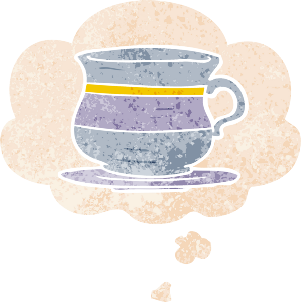 Düşünce baloncuklu eski bir çay fincanı grunge sıkıntılı retro dokuma tarzı bir insan tarafından çizilmiş