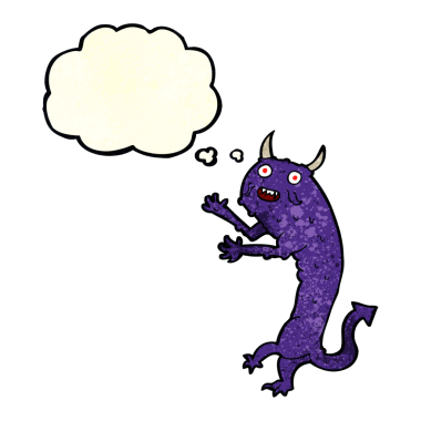 Bir insan tarafından çizilmiş düşünce balonlu çizgi film şeytanı.