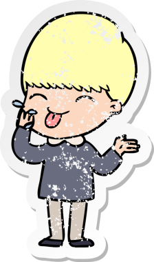 Bir insan tarafından çizilmiş dili çıkmış bir çizgi film çocuğunun sıkıntılı çıkartması.