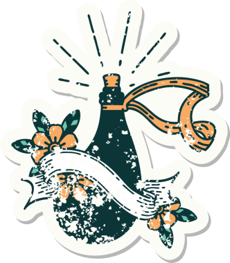 Bir insan tarafından çizilmiş eski bir dövme stili deri su şişesi.